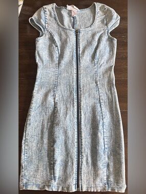 Milky Way Light Blue Denim Zip Front Midi Dress Cap Sleeve Bodycon